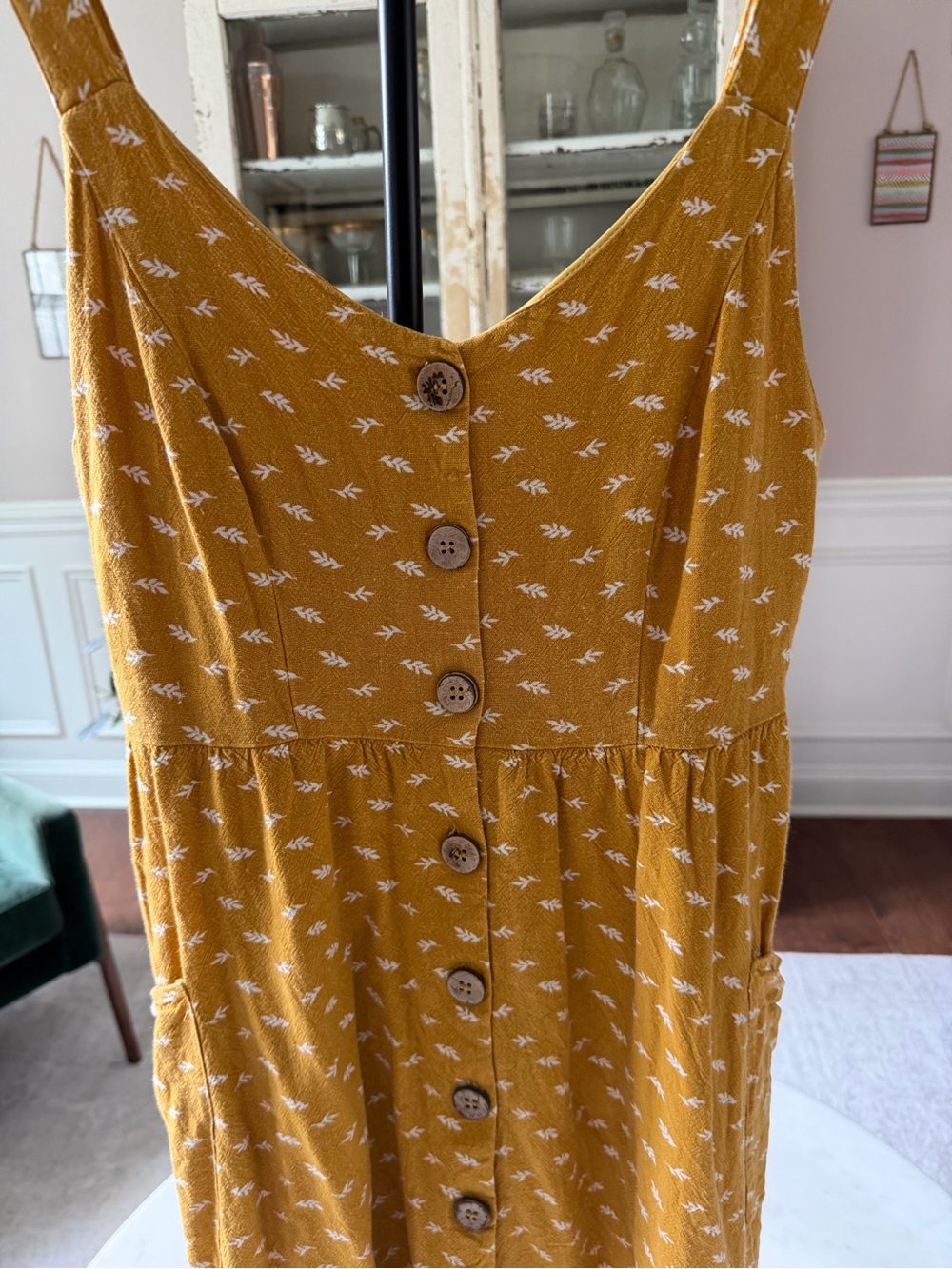 Blu Pepper Mustard Yellow Floral Print Button Front Midi Dress Adjustable Straps - Picture 3 of 7
